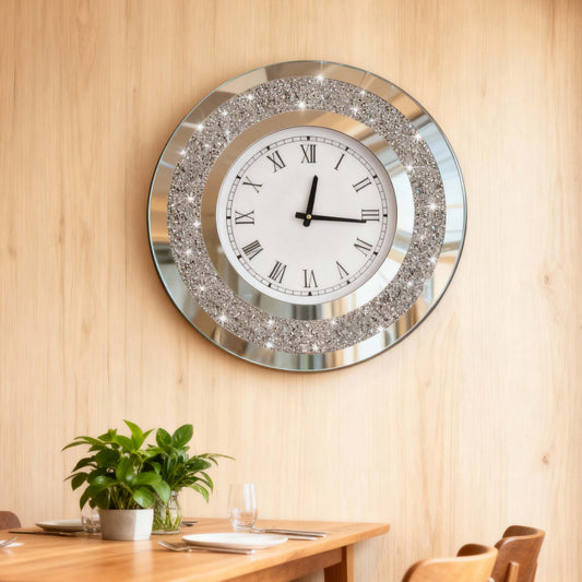 Luxury Wall Clock with Mirrored Crystal Frame – Round Shape