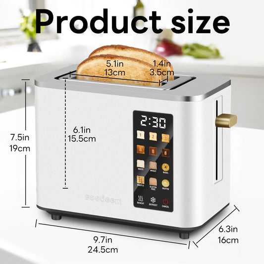 Stainless Steel Electric Toaster, 2 Slices, LCD Touchscreen, 6 Levels, 900W