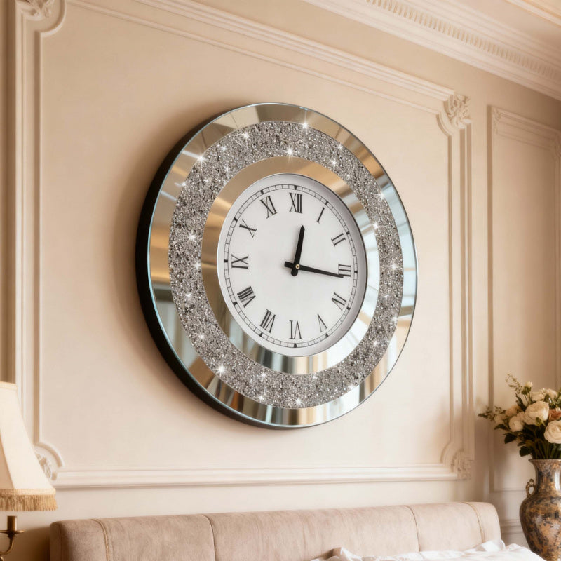 Luxury Wall Clock with Mirrored Crystal Frame – Round Shape