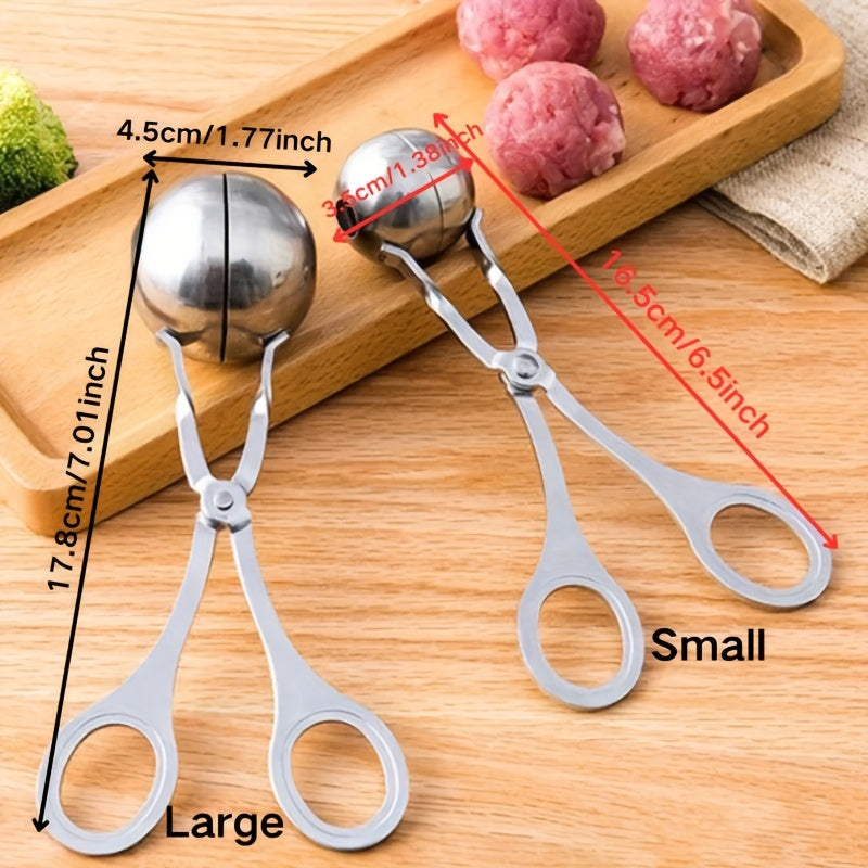 Stainless steel meatball press with non-slip handle.