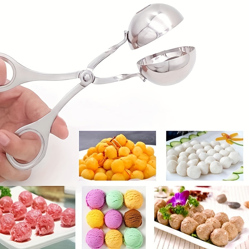 Stainless steel meatball press with non-slip handle.
