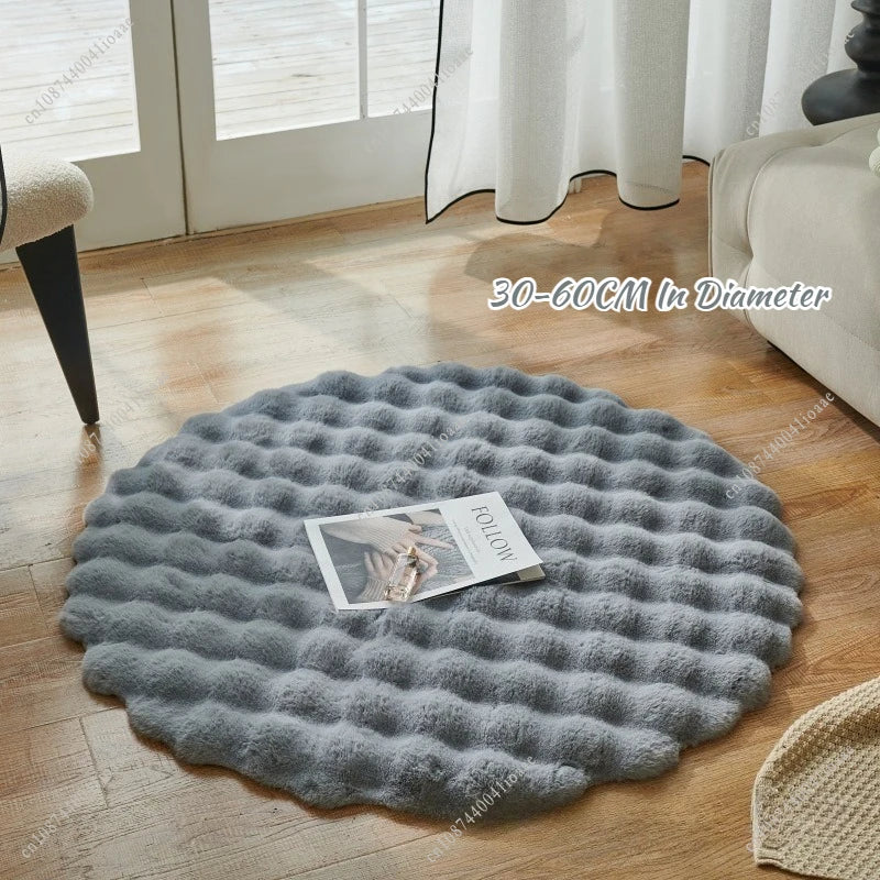 Round Synthetic Fur Rug – Bubble Velvet, Fluffy, Bedroom and Living Room, Modern Decor