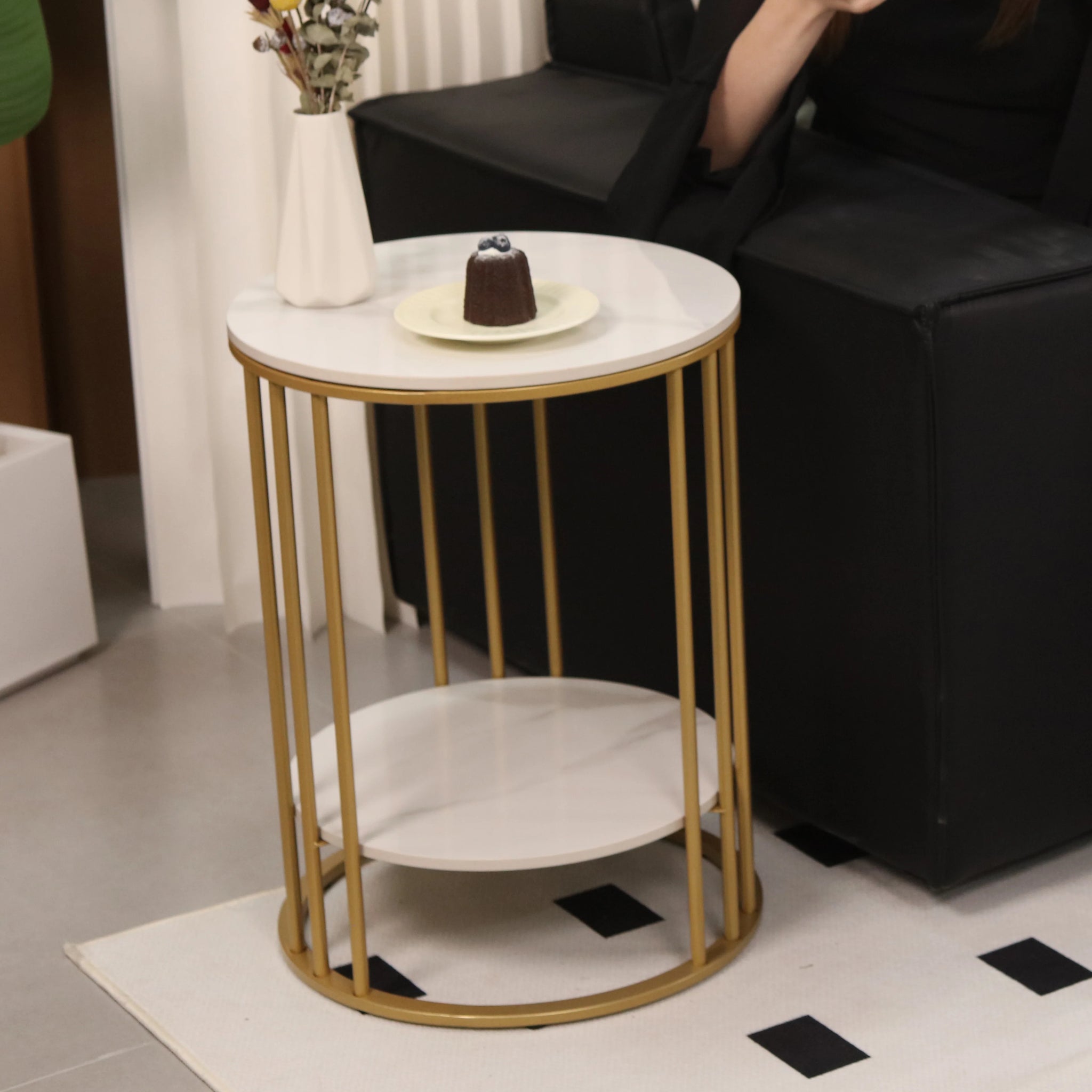 Round Side Table with White Marble