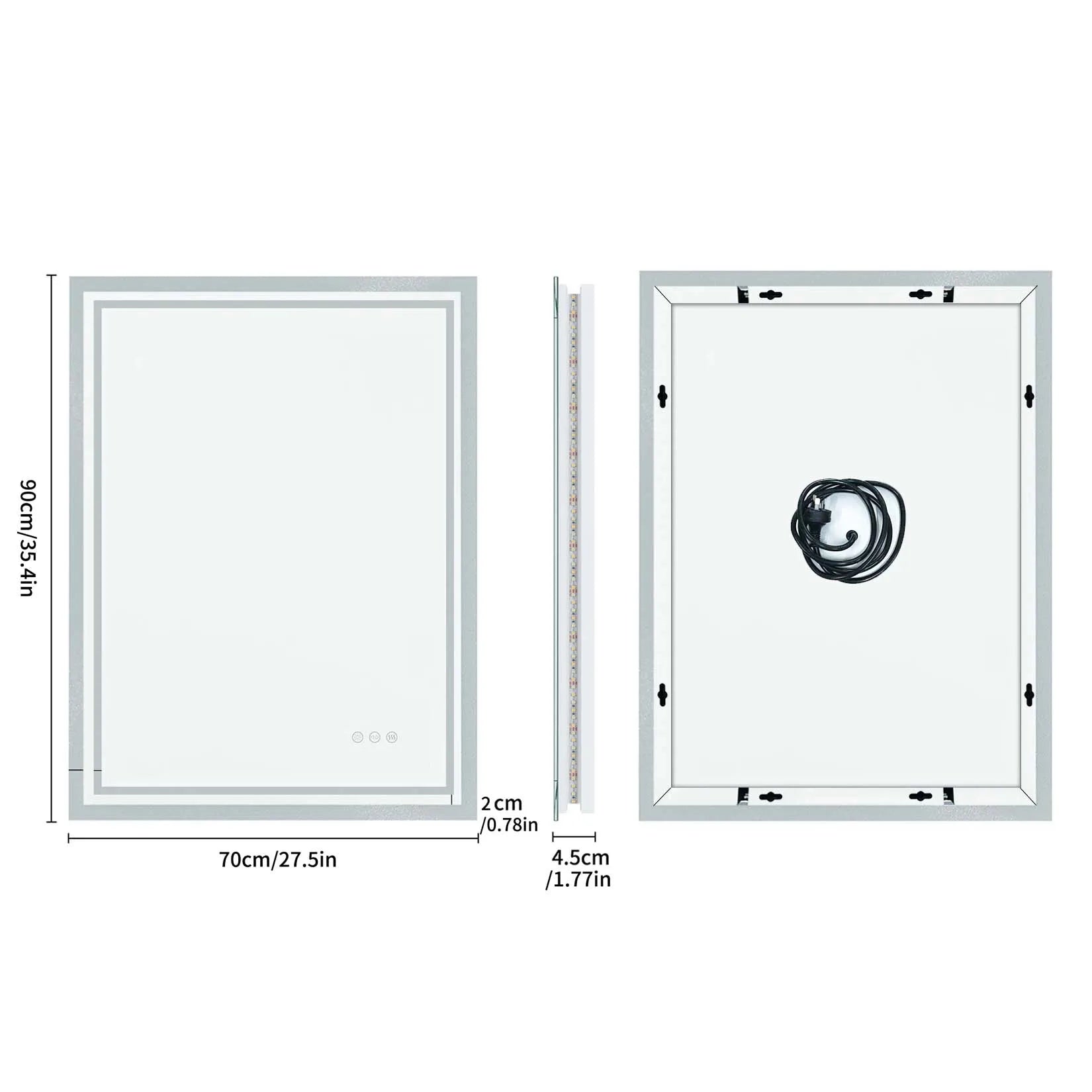 Rectangular LED Bathroom Mirror – Anti-fog, 3 Colors, Touch Sensitive, For Makeup