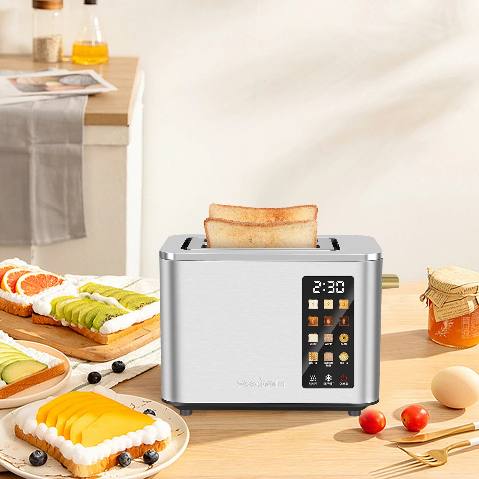Stainless Steel Electric Toaster, 2 Slices, LCD Touchscreen, 6 Levels, 900W