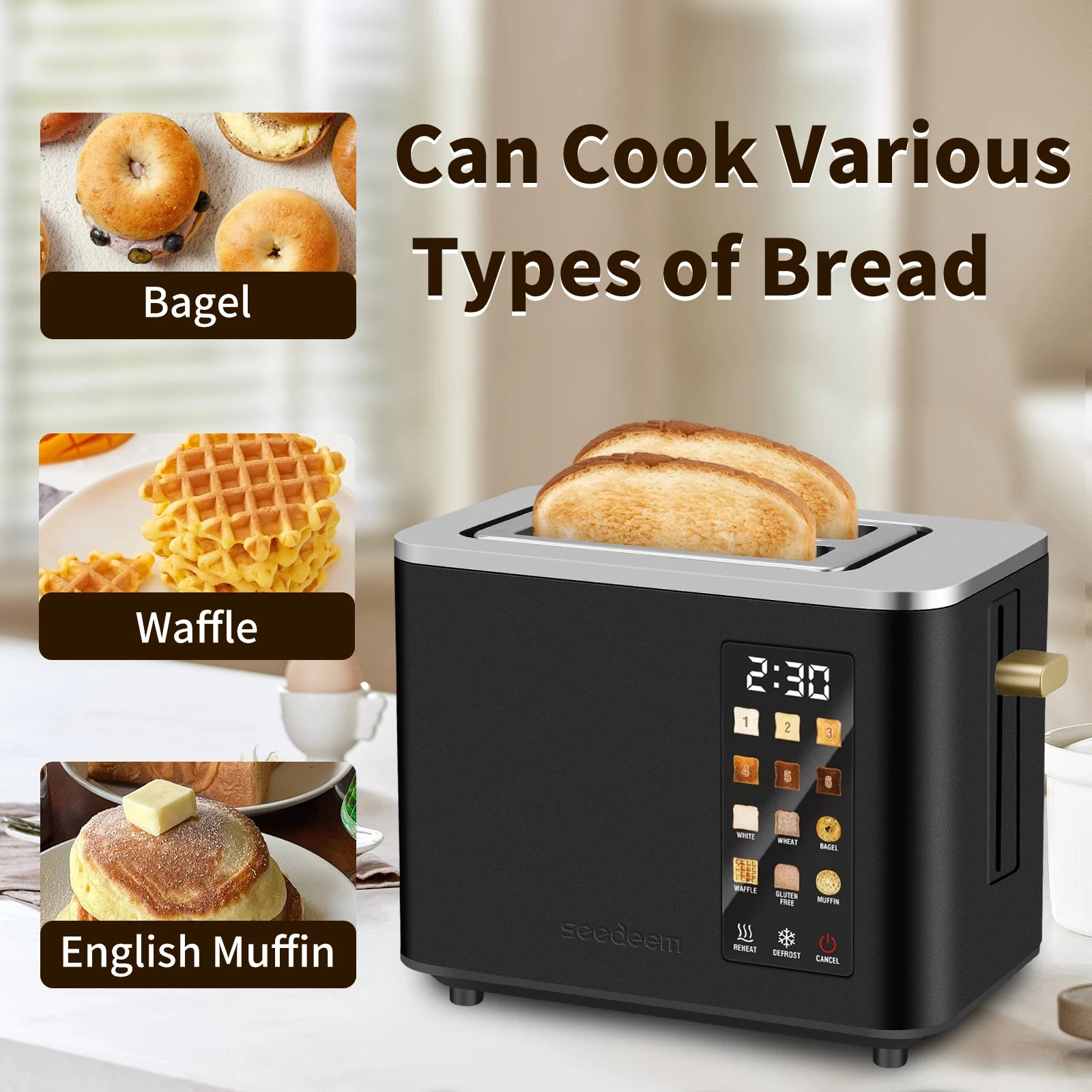 Stainless Steel Electric Toaster, 2 Slices, LCD Touchscreen, 6 Levels, 900W