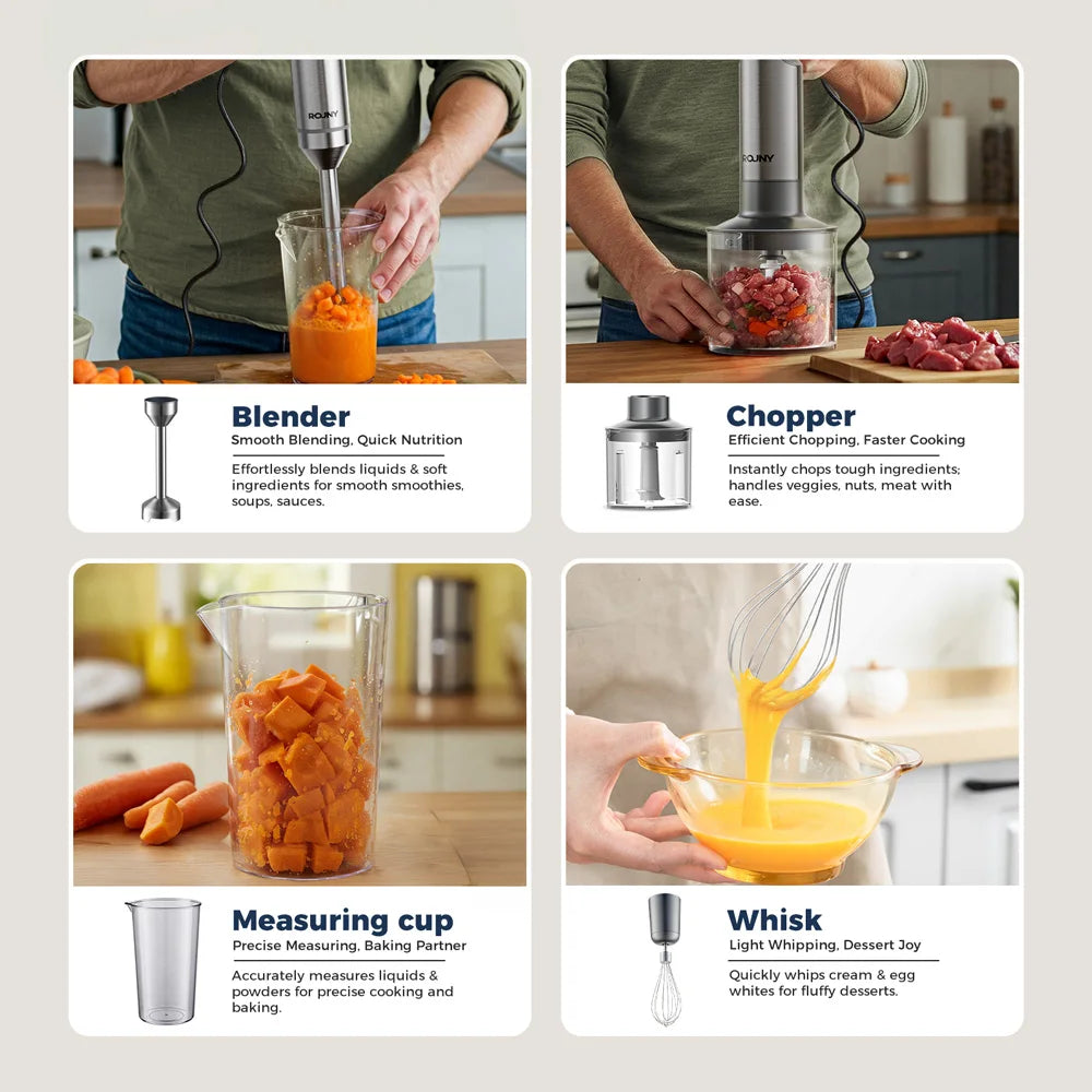 ROUNY 4-in-1 Immersion Blender – 1000W with Cup and Whisk