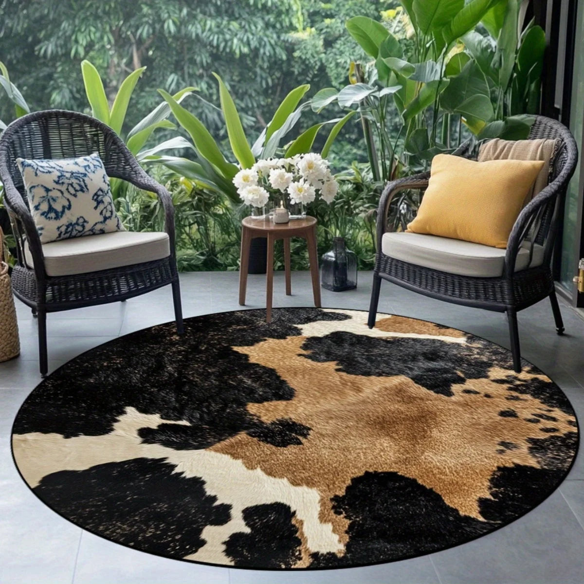 Round Rug with Cow Print, Washable