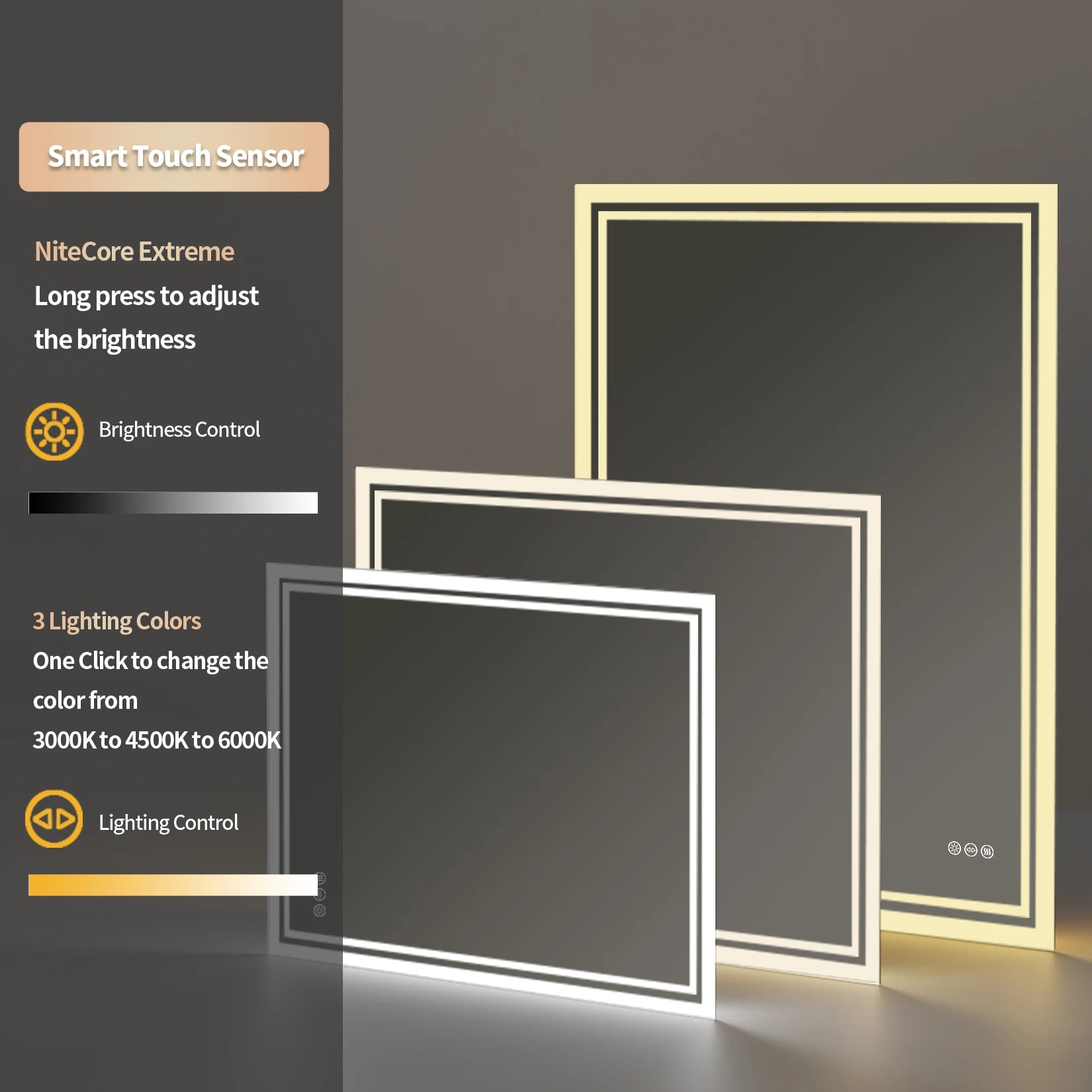 Rectangular LED Bathroom Mirror – Anti-fog, 3 Colors, Touch Sensitive, For Makeup