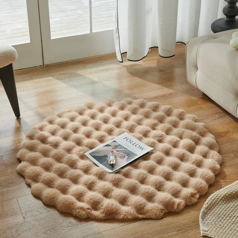Round Synthetic Fur Rug – Bubble Velvet, Fluffy, Bedroom and Living Room, Modern Decor
