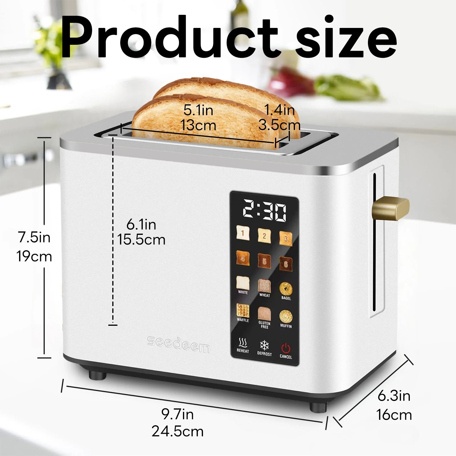 Stainless Steel Electric Toaster, 2 Slices, LCD Touchscreen, 6 Levels, 900W