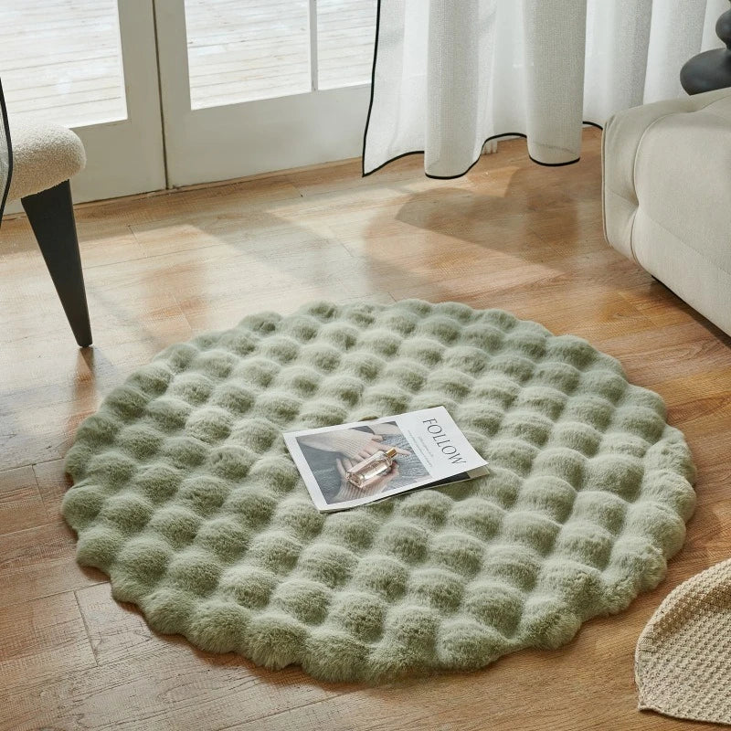 Round Synthetic Fur Rug – Bubble Velvet, Fluffy, Bedroom and Living Room, Modern Decor