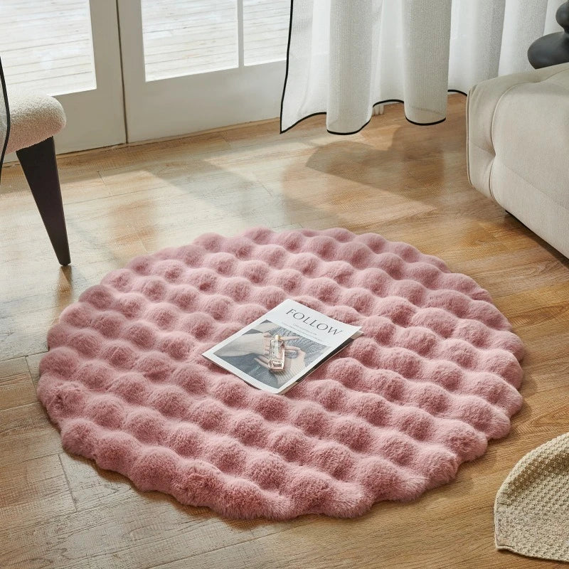 Round Synthetic Fur Rug – Bubble Velvet, Fluffy, Bedroom and Living Room, Modern Decor
