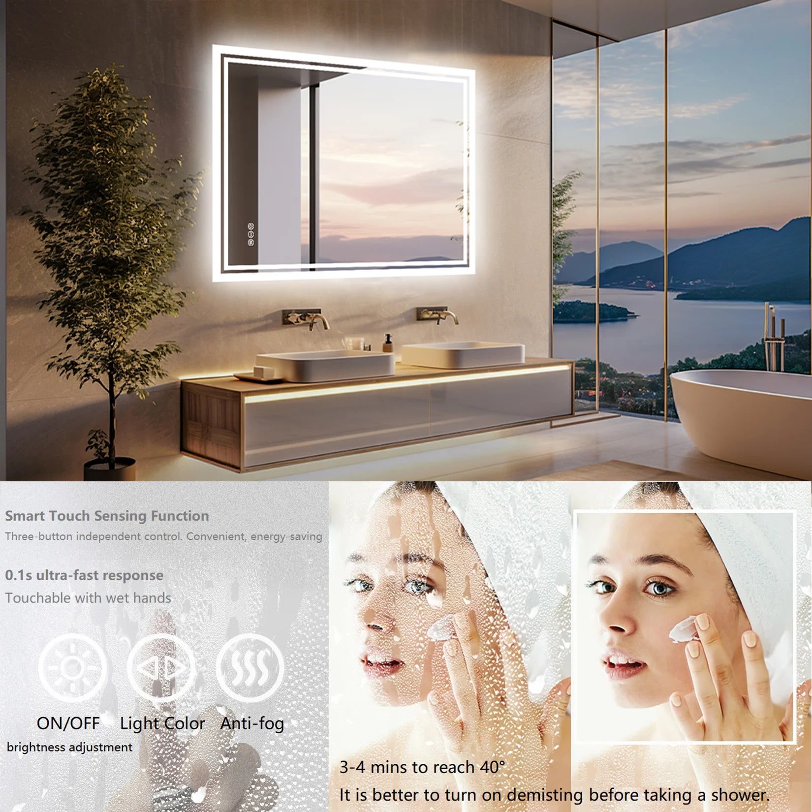 Rectangular LED Bathroom Mirror – Anti-fog, 3 Colors, Touch Sensitive, For Makeup