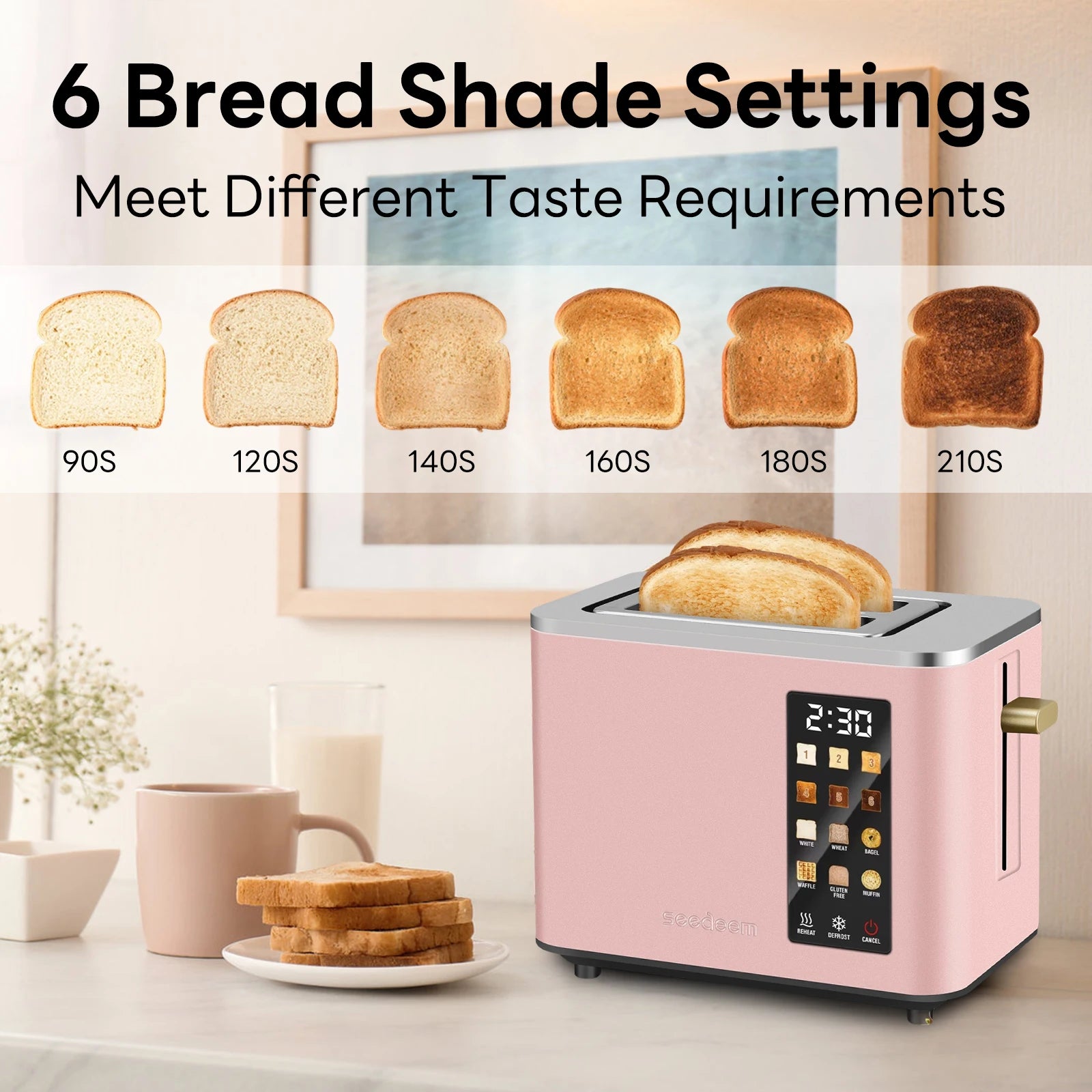 Stainless Steel Electric Toaster, 2 Slices, LCD Touchscreen, 6 Levels, 900W