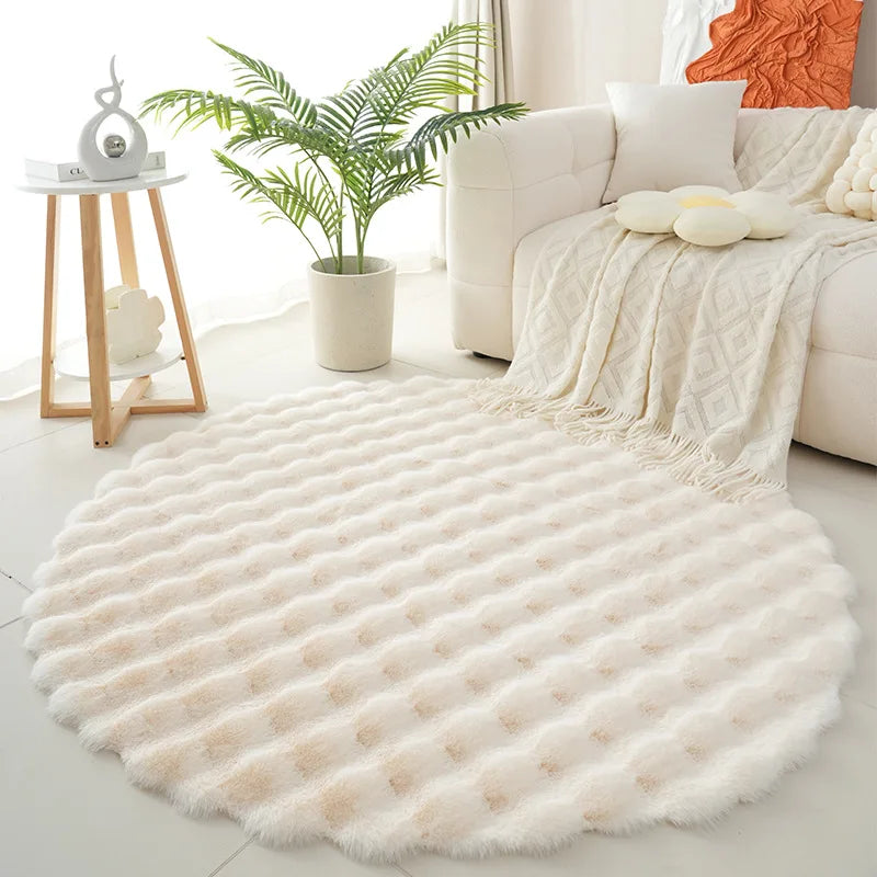 Round Synthetic Fur Rug – Bubble Velvet, Fluffy, Bedroom and Living Room, Modern Decor