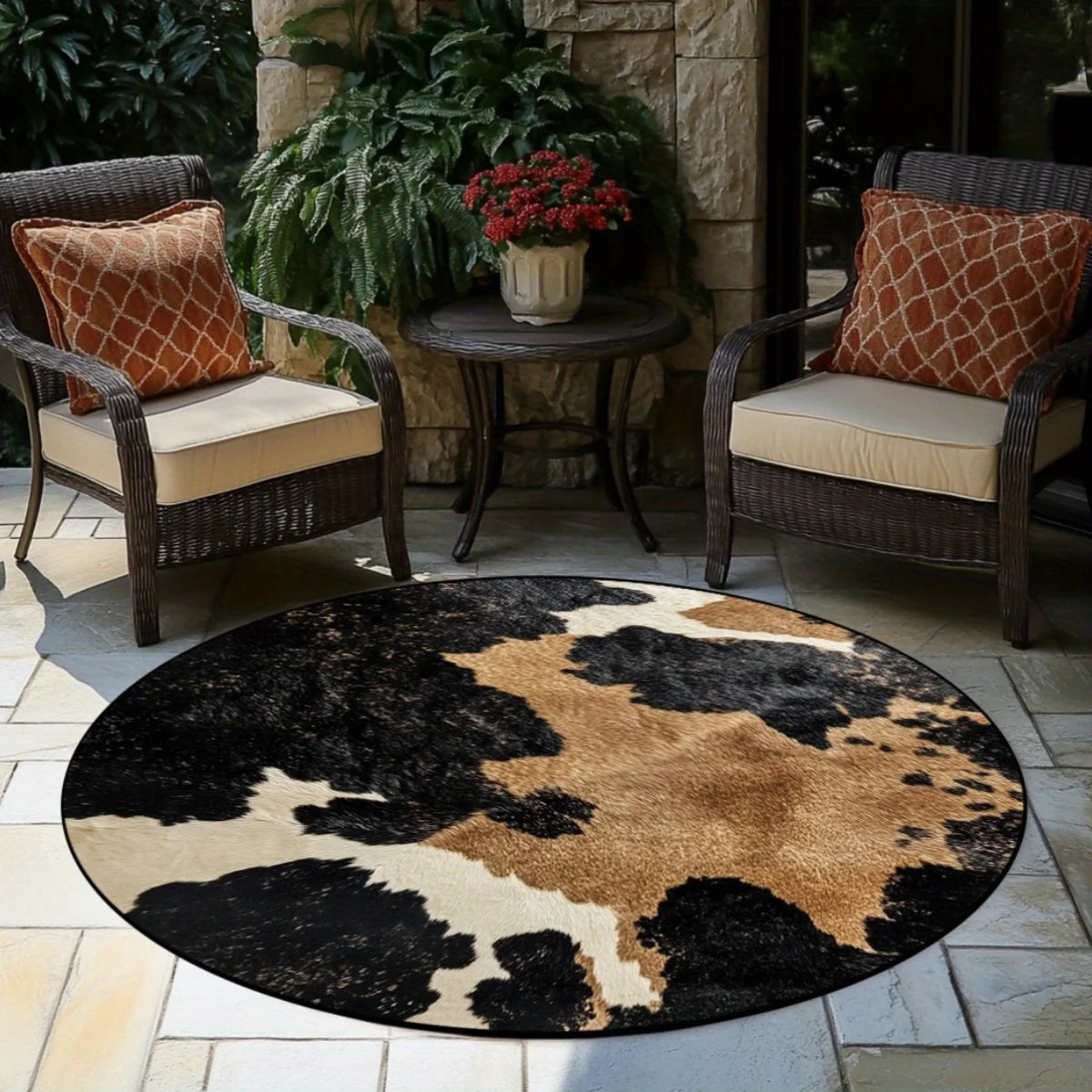 Round Rug with Cow Print, Washable
