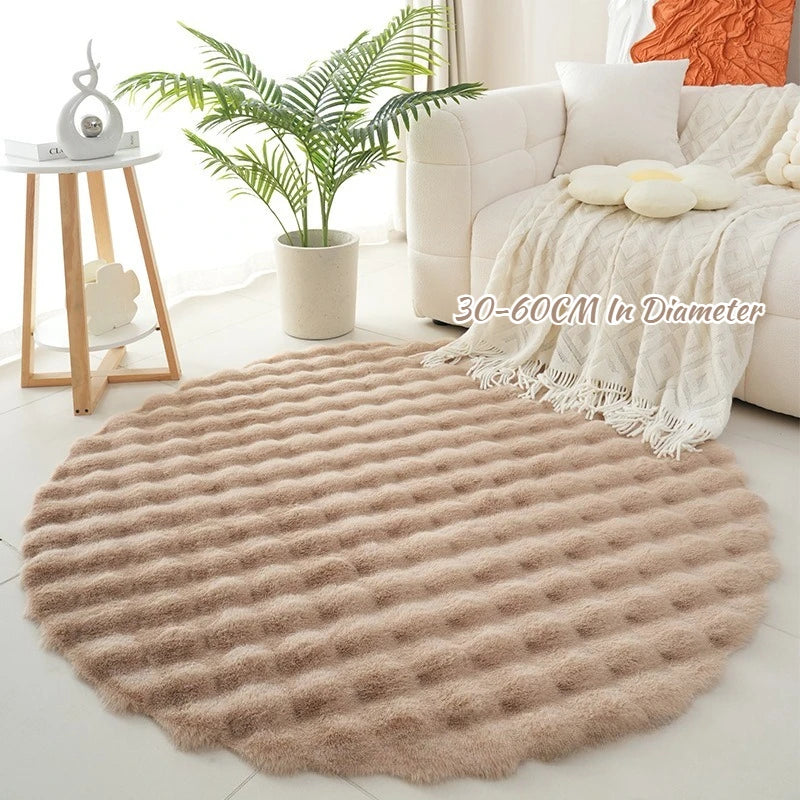 Round Synthetic Fur Rug – Bubble Velvet, Fluffy, Bedroom and Living Room, Modern Decor