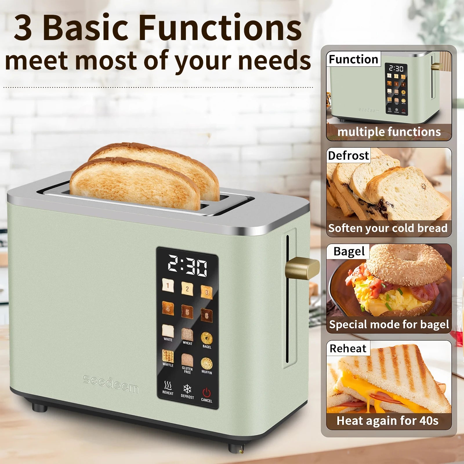 Stainless Steel Electric Toaster, 2 Slices, LCD Touchscreen, 6 Levels, 900W