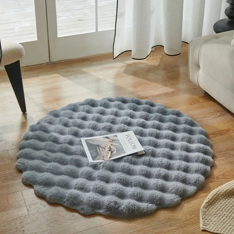 Round Synthetic Fur Rug – Bubble Velvet, Fluffy, Bedroom and Living Room, Modern Decor