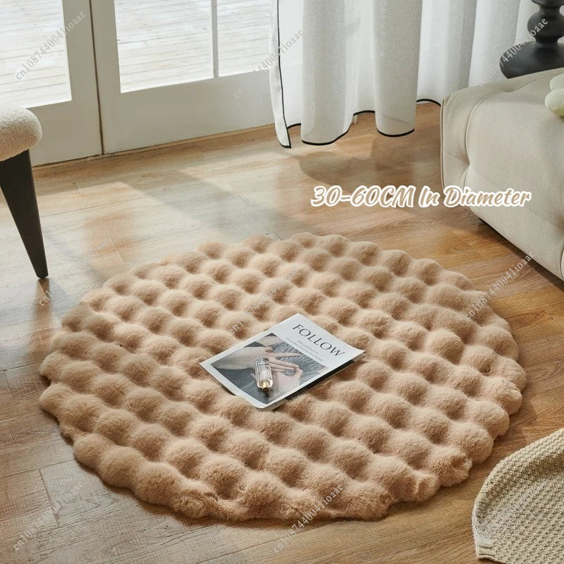 Round Synthetic Fur Rug – Bubble Velvet, Fluffy, Bedroom and Living Room, Modern Decor