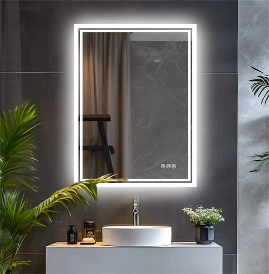 Rectangular LED Bathroom Mirror – Anti-fog, 3 Colors, Touch Sensitive, For Makeup