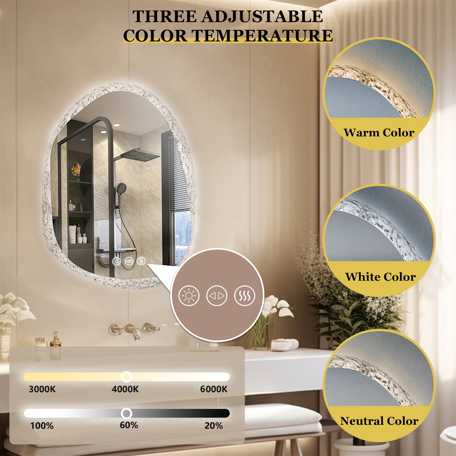 LED Bathroom Mirror – Anti-fog, Backlit, 3 Colors, Clear Glass