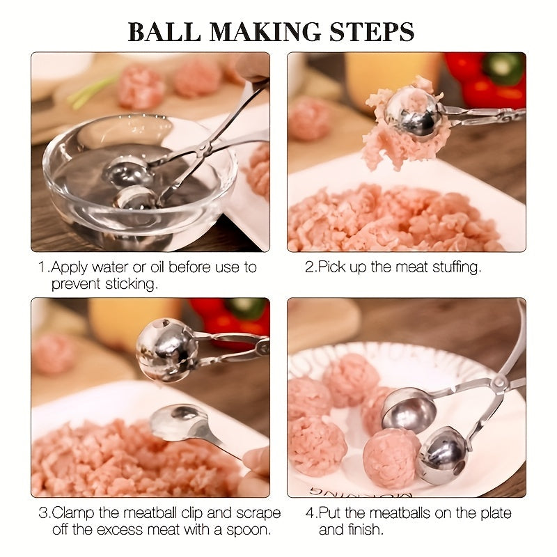 Stainless steel meatball press with non-slip handle.