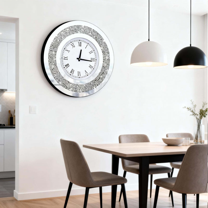 Luxury Wall Clock with Mirrored Crystal Frame – Round Shape