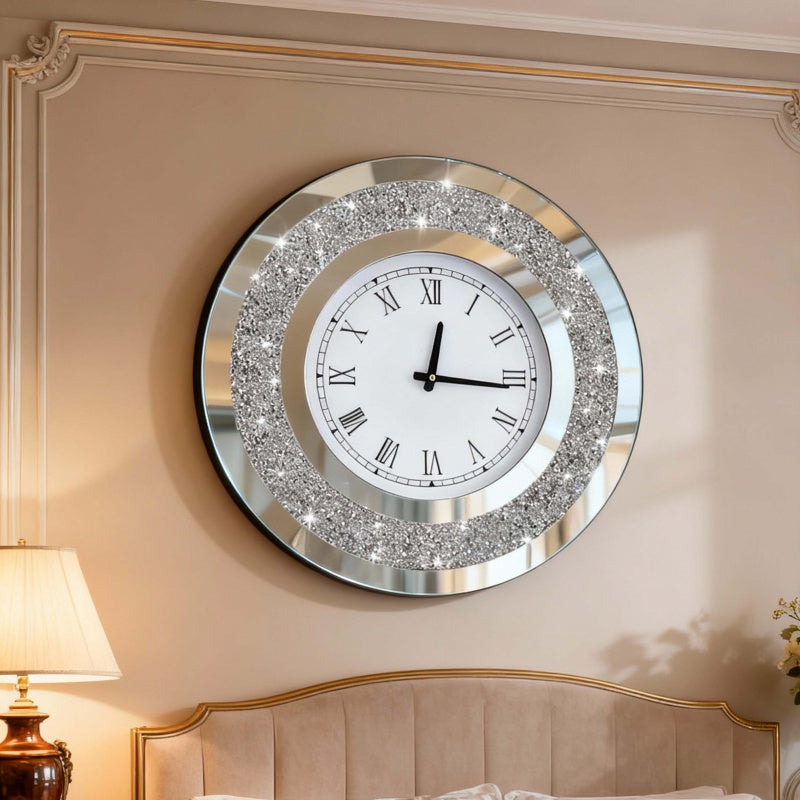 Luxury Wall Clock with Mirrored Crystal Frame – Round Shape