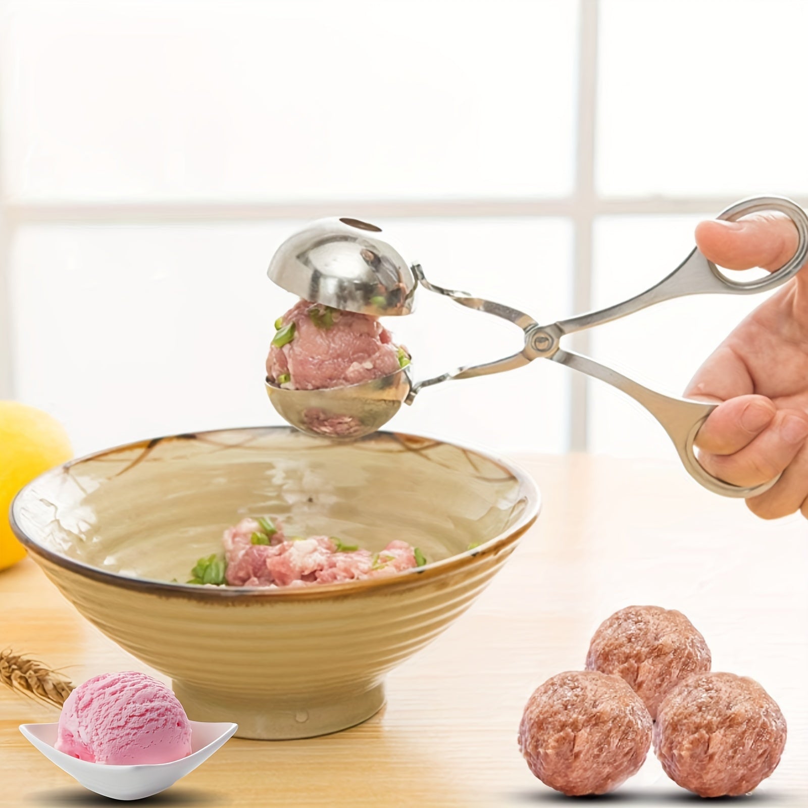 Stainless steel meatball press with non-slip handle.